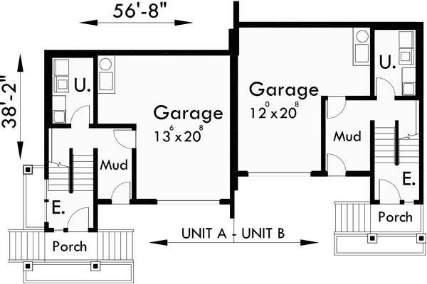 Lower Floor Plan for D-523 Craftsman duplex house plans, sloping lot duplex house plans, D-523