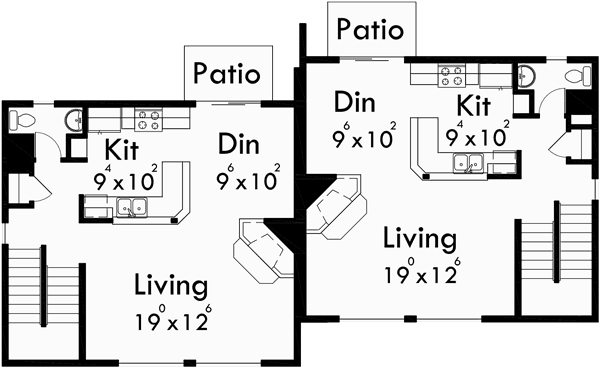 Main Floor Plan for D-523 Craftsman duplex house plans, sloping lot duplex house plans, D-523