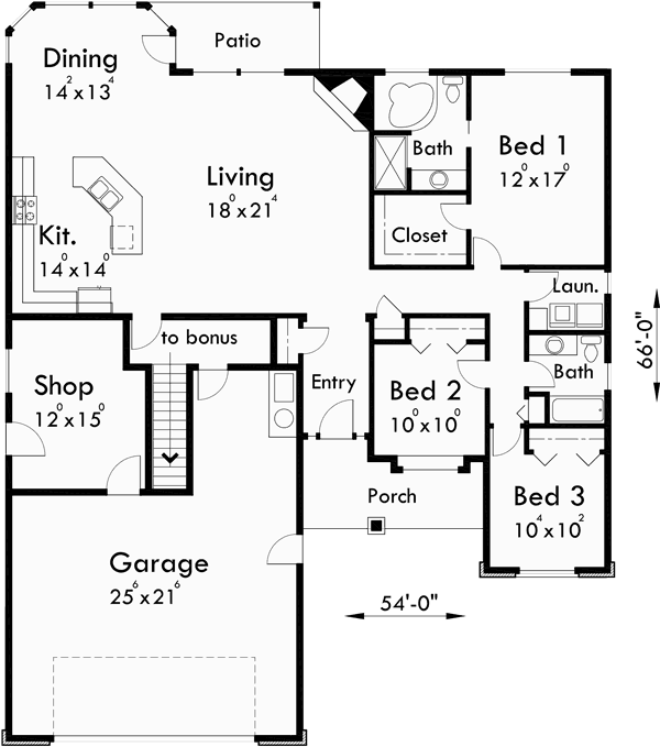 Main Floor Plan for 10059 One Story House Plans, house plans with bonus room over garage, house plans with shop, 10059