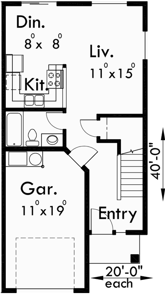 Main Floor Plan for D-472 40 ft wide house plans, duplex house plans, mirror image house plans, D-472