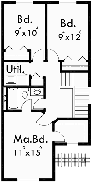 Upper Floor Plan for D-472 40 ft wide house plans, duplex house plans, mirror image house plans, D-472