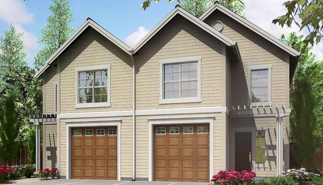 House front color elevation view for D-472 40 ft wide house plans, duplex house plans, mirror image house plans, D-472