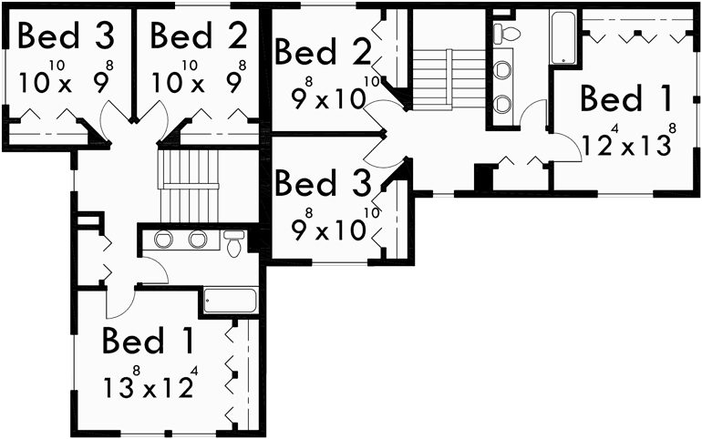 Upper Floor Plan for D-511 Corner lot duplex house plans, 6 bedroom duplex house plans, corner lot  house plans, D-511