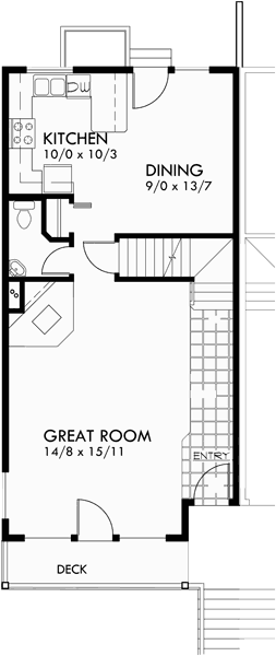Main Floor Plan for D-419 Duplex house plans, 3 story house plans, house plans with front decks, D-419