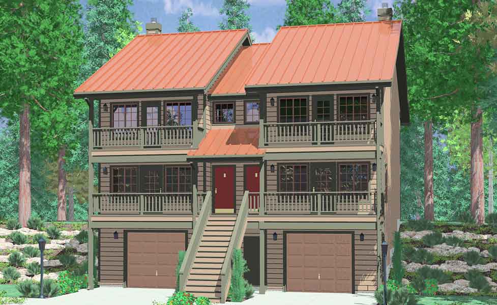 D-419 Duplex house plans, 3 story house plans, house plans with front decks, D-419