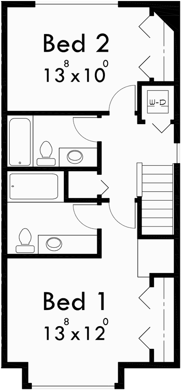 Upper Floor Plan for D-526 Duplex house plans, narrow lot townhouse plans, D-526
