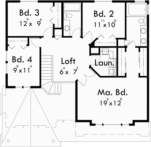 Upper Floor Plan for 9950-fb 4 bedroom house plans, craftsman house plans, 40 ft wide house plans, 40 x 40 house plans, two story house plans, 9950