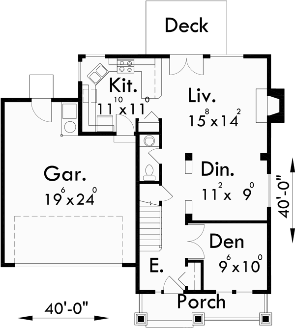 Main Floor Plan for 10025 Craftsman house plans, house plans with bonus room over garage, narrow lot house plans, 40 x 40 house plans, 10025