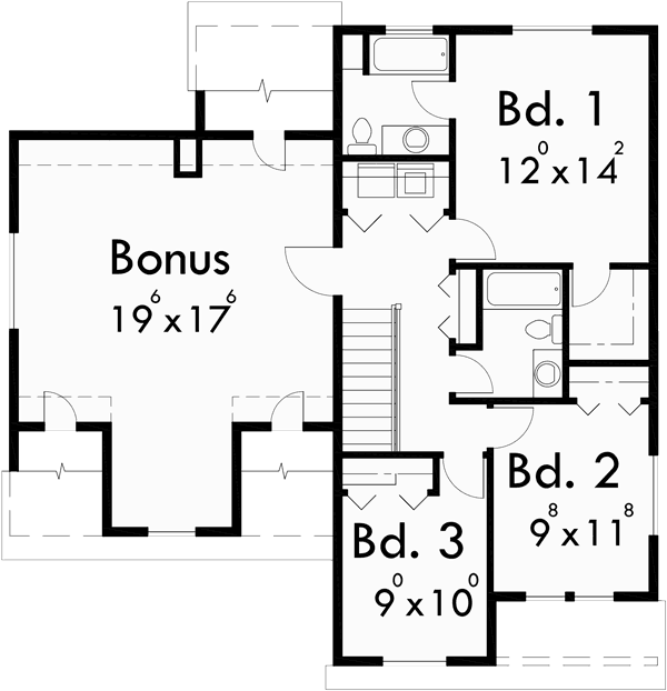 Upper Floor Plan for 10025 Craftsman house plans, house plans with bonus room over garage, narrow lot house plans, 40 x 40 house plans, 10025
