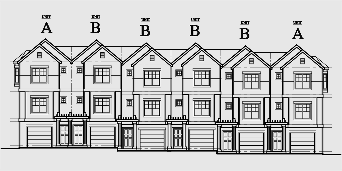 House side elevation view for D-446 Row house plans town home plans six units Townhome or Condo tandem garage