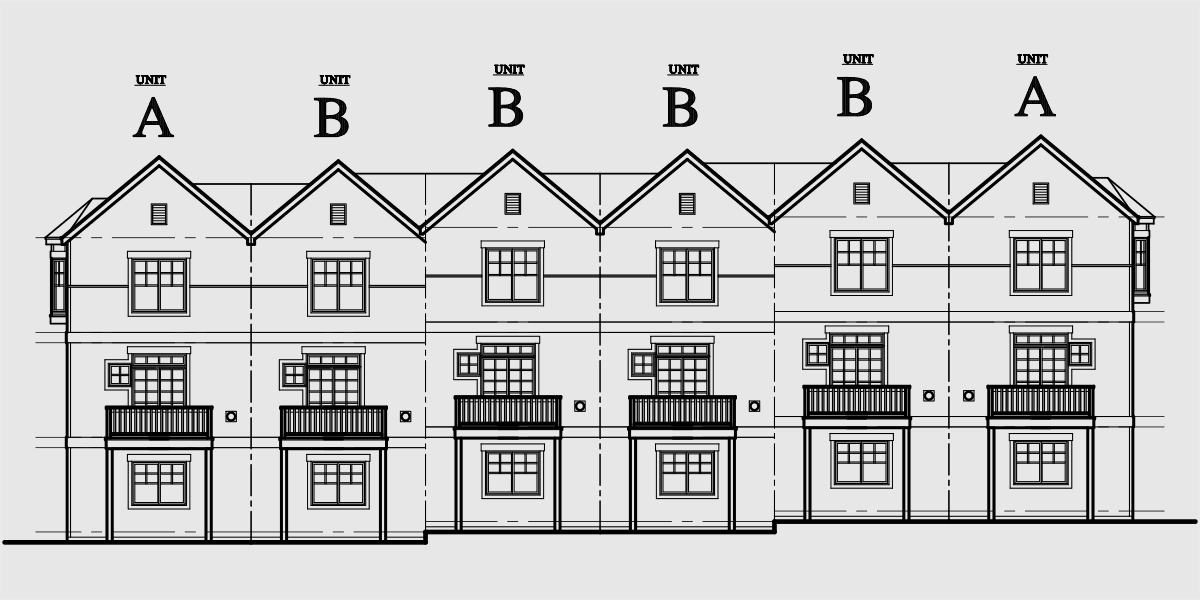 House rear elevation view for D-446 Row house plans town home plans six units Townhome or Condo tandem garage