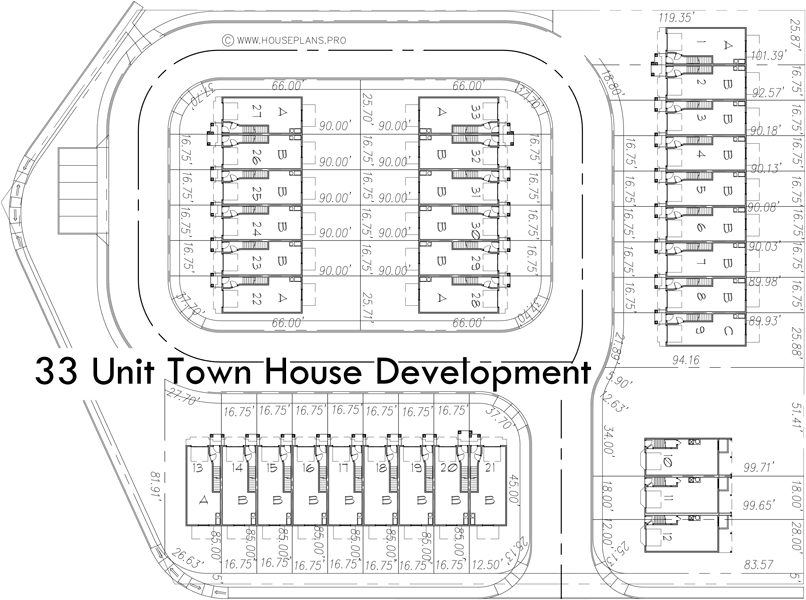 House rear elevation view for D-446 Row house plans town home plans six units Townhome or Condo tandem garage