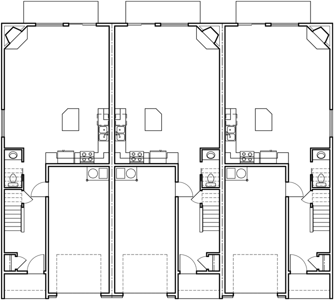 Main Floor Plan 2 for T-401 Triplex House Plans, Craftsman Exterior, Row House Plans, T-401
