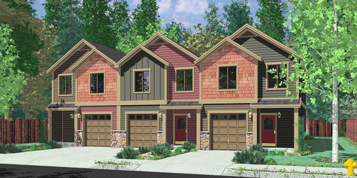 T-401 Triplex House Plans, Craftsman Exterior, Row House Plans, T-401