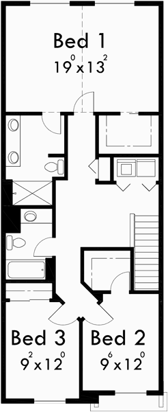 Upper Floor Plan for T-401 Triplex House Plans, Craftsman Exterior, Row House Plans, T-401