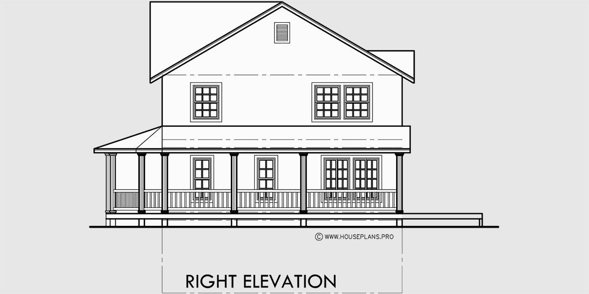 House rear elevation view for 9999 Country Farm house, Wrap around Porch 3 Bedrooms side garage, 9999