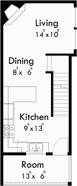 Main Floor Plan for D-519 Narrow lot townhouse plans, duplex house plans, 3 level house plans, D-519