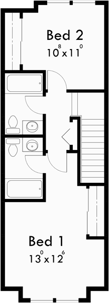 Upper Floor Plan for D-519 Narrow lot townhouse plans, duplex house plans, 3 level house plans, D-519