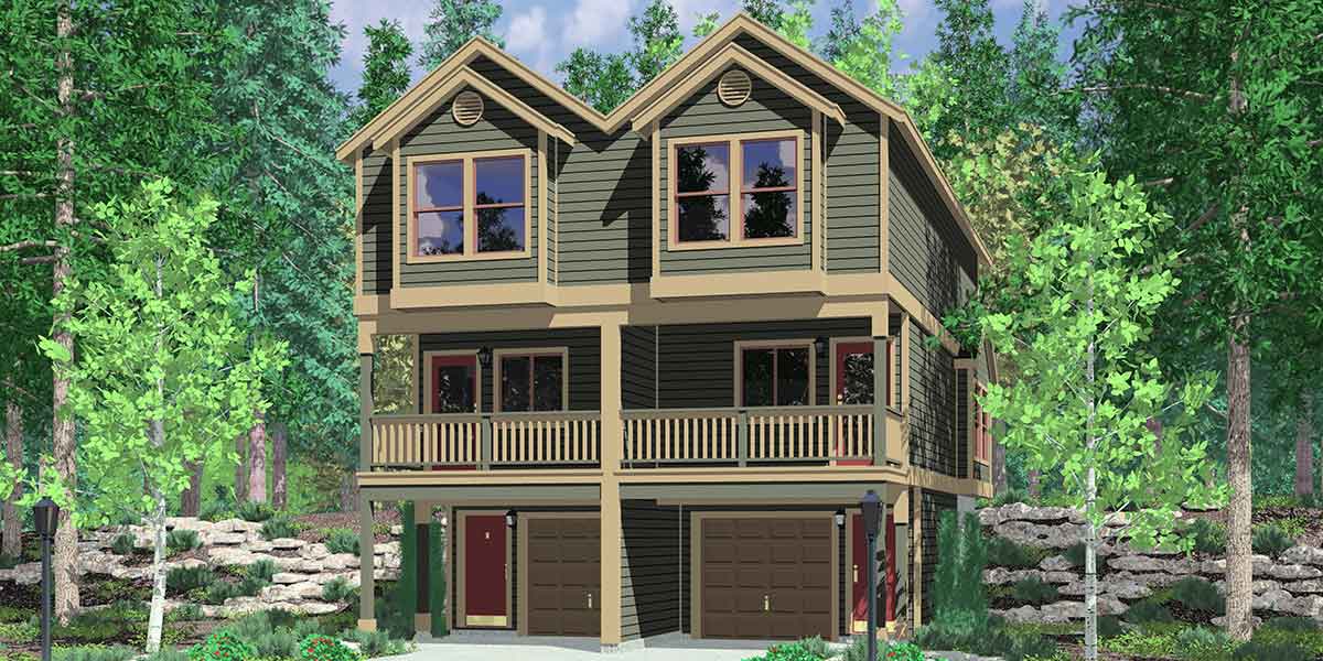 House front drawing elevation view for D-519 Narrow lot townhouse plans, duplex house plans, 3 level house plans, D-519