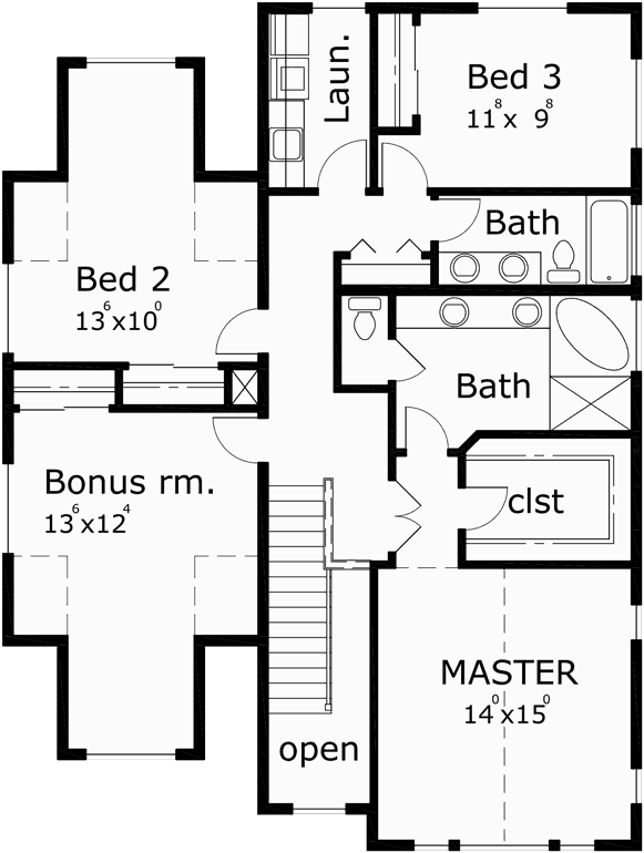 Upper Floor Plan for 10103 Narrow lot house plans, house plans with tandem garage, house plans with bonus room, narrow house plans, 10103