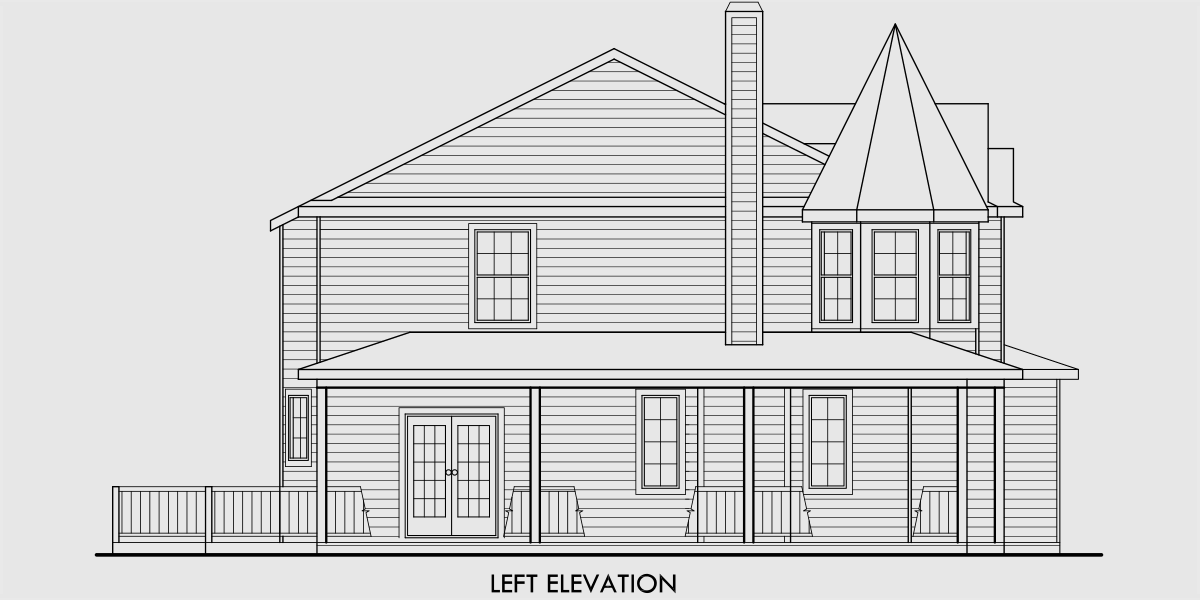 House rear elevation view for 9891 Victorian House Plan, house turret, side load garage, wrap around porch, house plans with bonus room, 9891