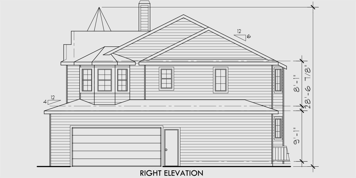 House rear elevation view for 9891 Victorian House Plan, house turret, side load garage, wrap around porch, house plans with bonus room, 9891