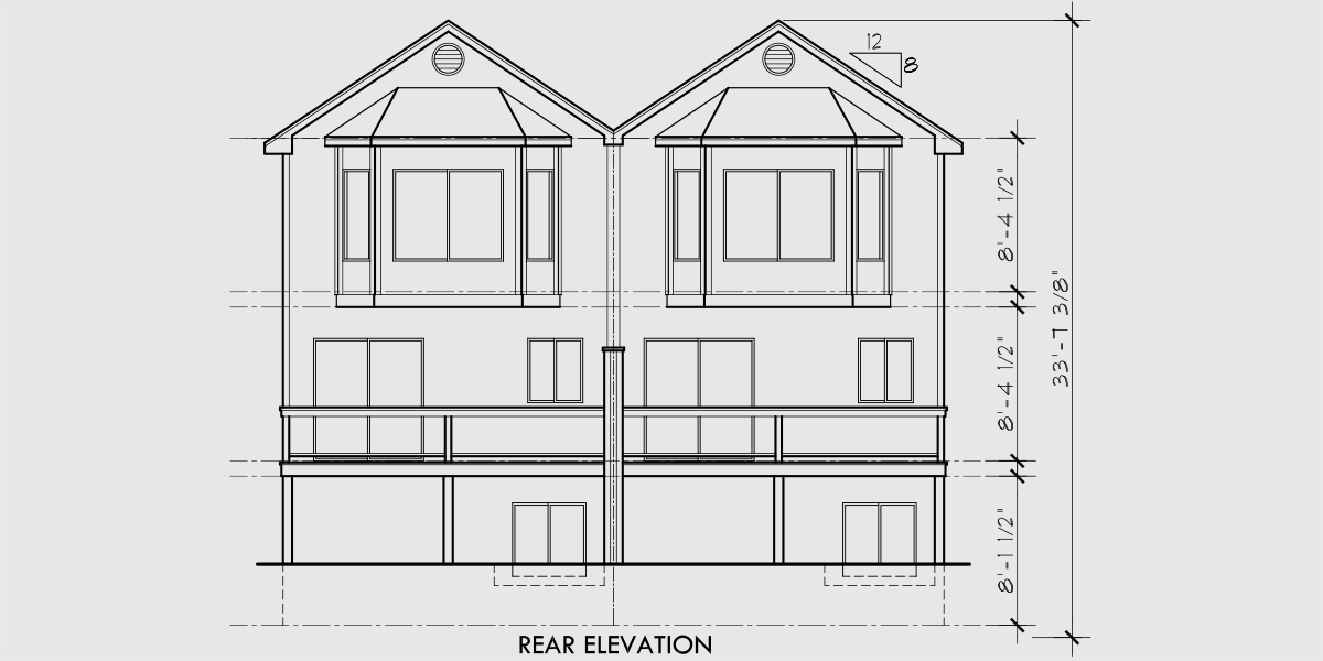 House rear elevation view for D-405 Duplex house plans, townhouse plans, 2 bedroom duplex plans, duplex with garage, D-405