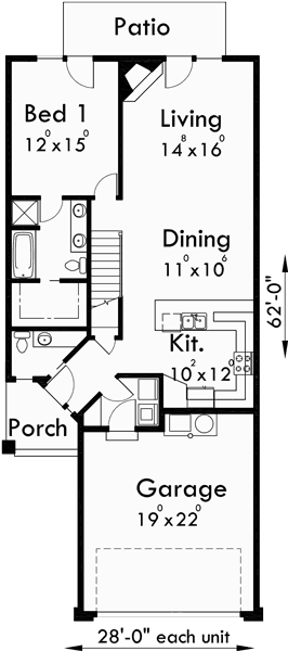 Main Floor Plan for T-392 Triplex plans, master on the main house plans, row home plans, triplex plans with garage, T-392