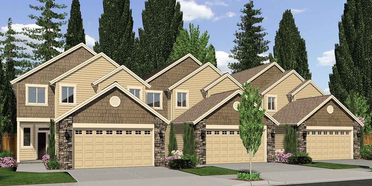 T-392 Triplex plans, master on the main house plans, row home plans, triplex plans with garage, T-392