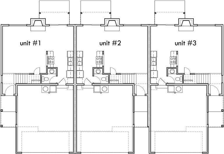 Main Floor Plan 2 for D-452 Triplex  house plans, triplex plans with garage, 25 ft wide house plans, D-452