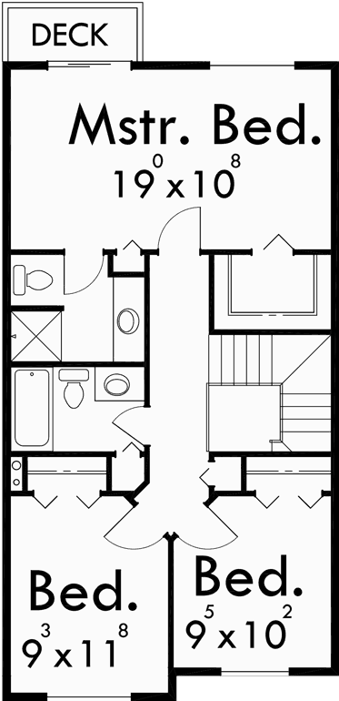 Upper Floor Plan for D-319 Row house plans, 3 bedroom duplex house plans, 2 story duplex house plans, D-319