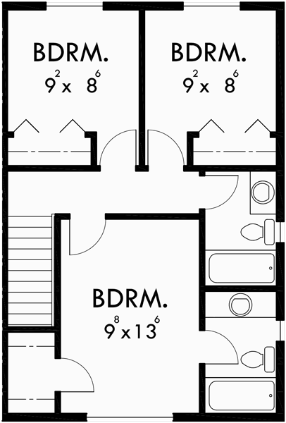 Upper Floor Plan for D-036 Duplex House Plans, small duplex house plans, 3 bedroom duplex house plans, D-036