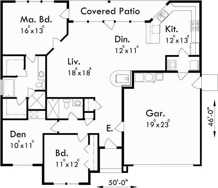 Main Floor Plan for 9921 House Plan, One Level 50 ft Wide