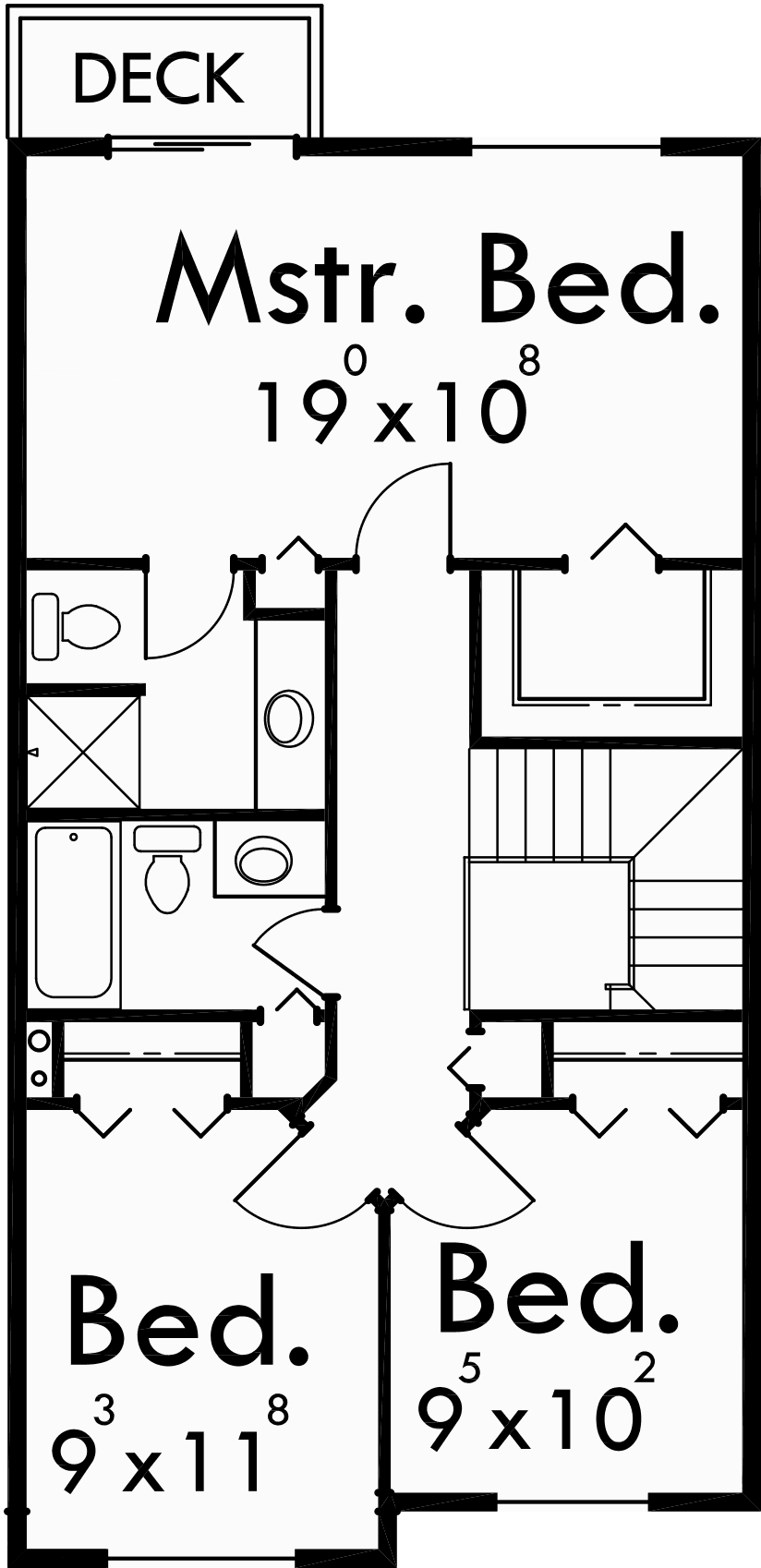 Upper Floor Plan for 9920 Narrow lot house plans, small lot house plans, 20 ft wide house plans, affordable house plans, 9920