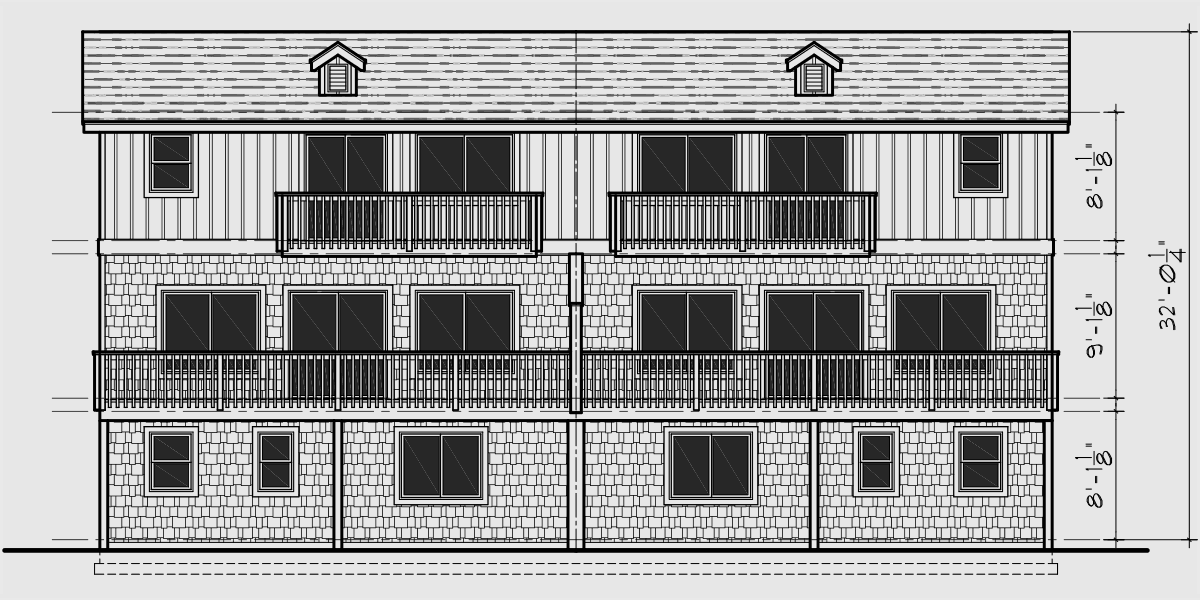 House front drawing elevation view for D-513 Duplex house plans, multi family beach rental house plans, duplex house plans with garage, D-513