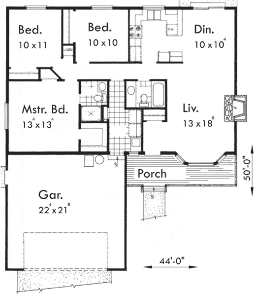 Main Floor Plan for 2203 One Level House Plans, 3 Bedrooms 2 Car Garage, small house plans, 44 ft wide x 50 ft deep