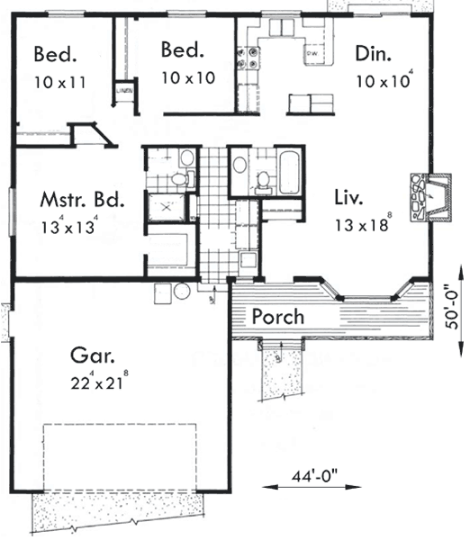 One Level House Plan 3 Bedrooms 2 Car Garage 44 Ft Wide X 50 Ft D