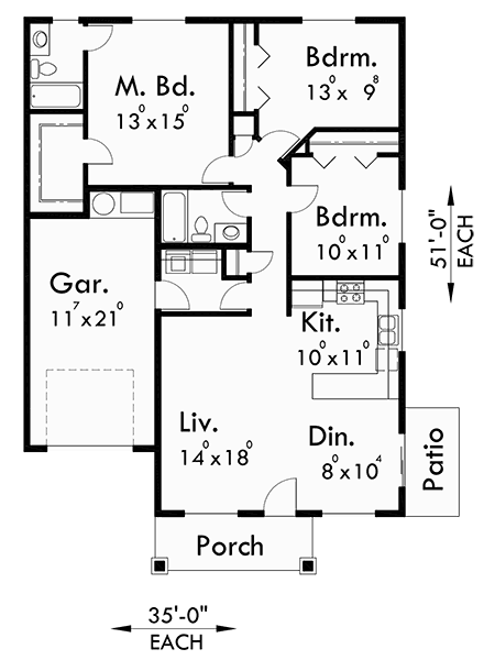 Main Floor Plan for D-459 One Level Duplex House Plans, Ranch Duplex House Plans