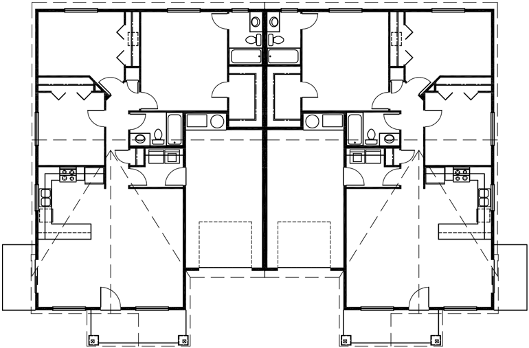 Main Floor Plan 2 for D-459 One Level Duplex House Plans, Ranch Duplex House Plans