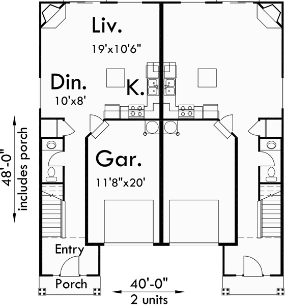 Main Floor Plan for D-473 Duplex house plans, row house plans, D-473