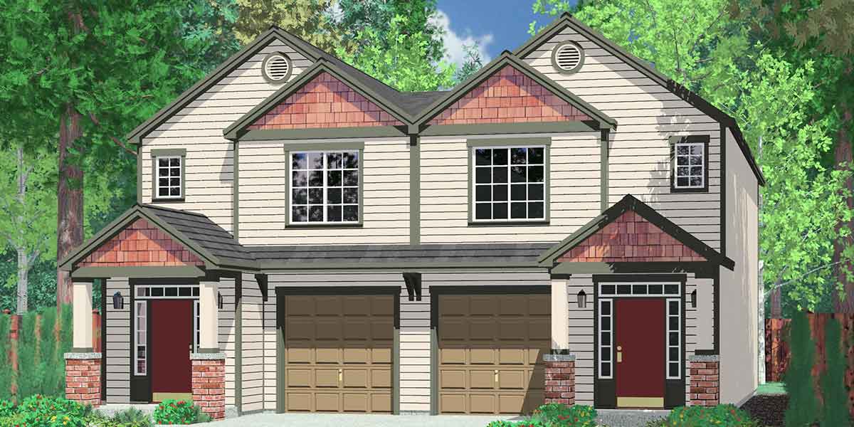 House front color elevation view for D-473 Duplex house plans, row house plans, D-473