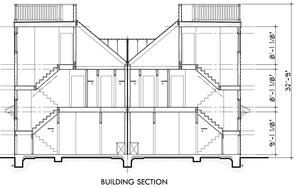 House rear elevation view for D-432 Mediterranean duplex house plans, beach duplex house plans, vacation house plans, duplex house plans with 2 car garage, water front house plans, D-432