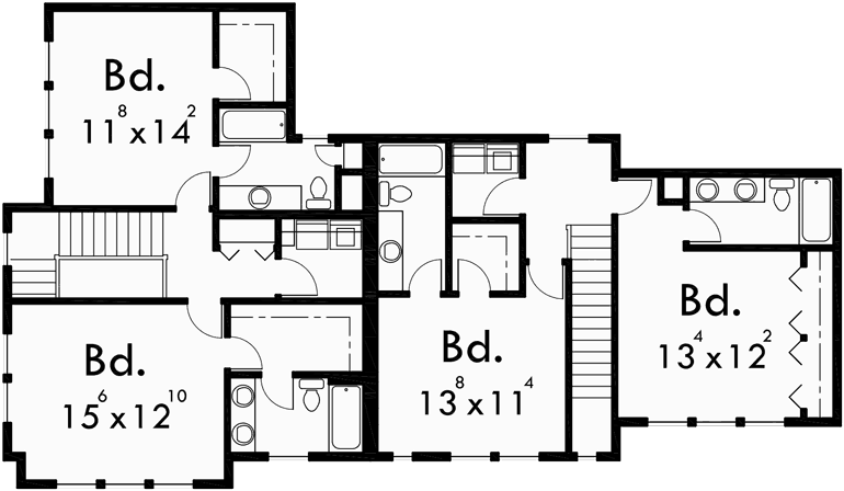 Upper Floor Plan for D-444 Corner lot house plans, duplex house plans, two master suite house plans
