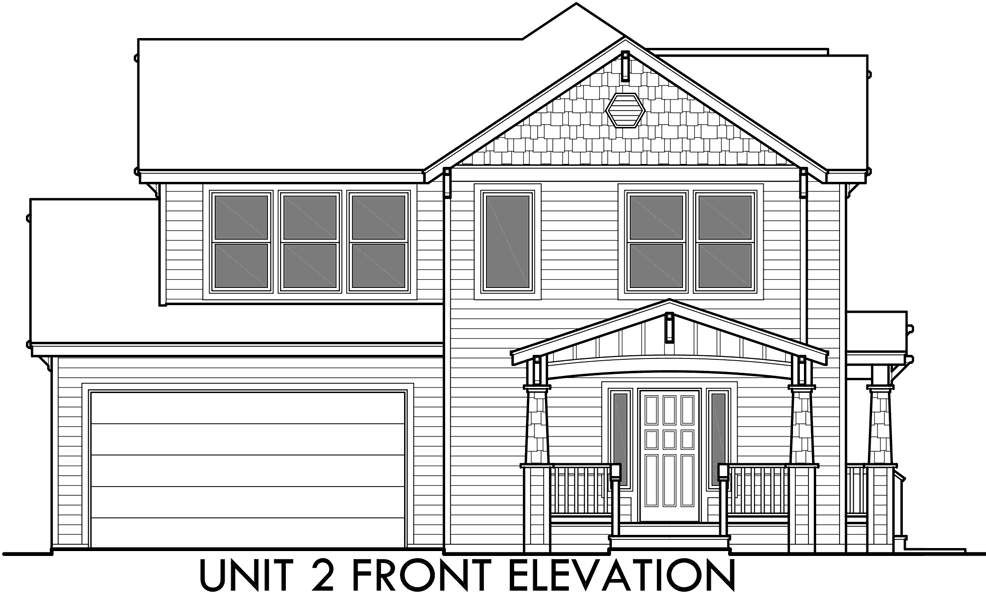 House side elevation view for D-444 Corner lot house plans, duplex house plans, two master suite house plans