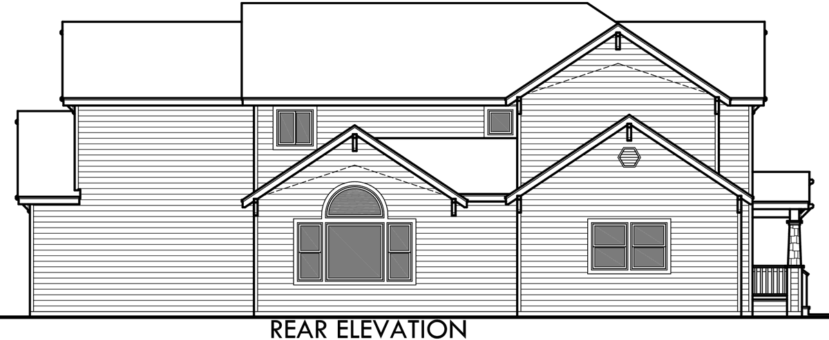 House rear elevation view for D-444 Corner lot house plans, duplex house plans, two master suite house plans