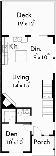 Main Floor Plan for D-522 Duplex House Plans, Sloping Lot Plans, View Deck, Duplex House Plans with Basement
