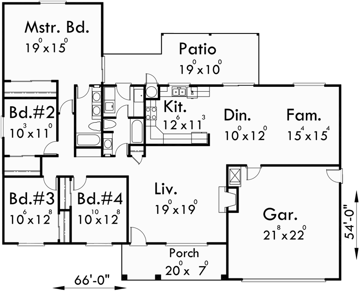 One Story House Plans, Ranch House Plans, 4 Bedroom House