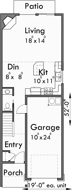 Main Floor Plan for SV-726-m 7 plex house plans, narrow row house plans, narrow townhouse plans, multi plex house plans, SV-726m