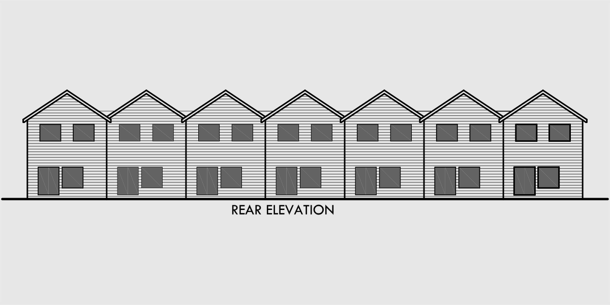 House rear elevation view for SV-726-m 7 plex house plans, narrow row house plans, narrow townhouse plans, multi plex house plans, SV-726m