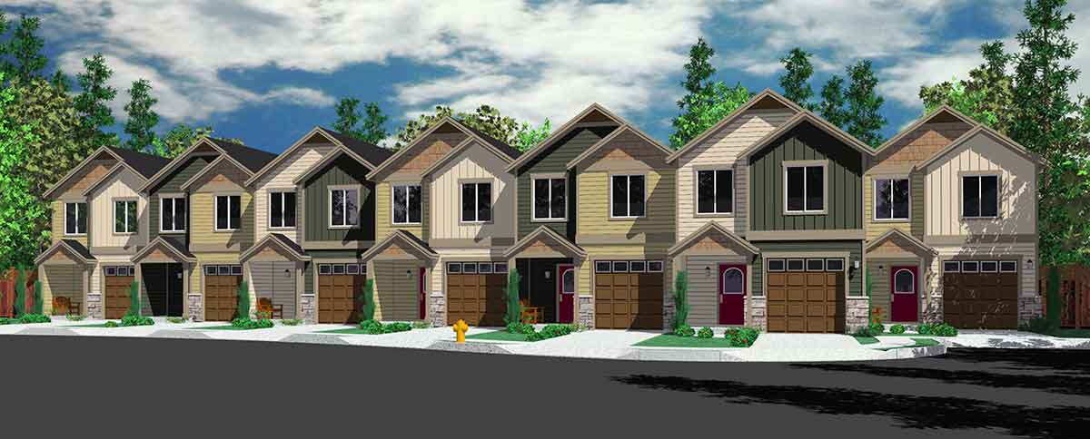 House front color elevation view for SV-726-m 7 plex house plans, narrow row house plans, narrow townhouse plans, multi plex house plans, SV-726m